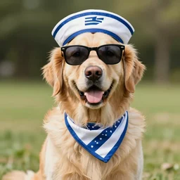 photograph of a golden retriever wearing a sailor’s hat, handkerchief, sunglasses
