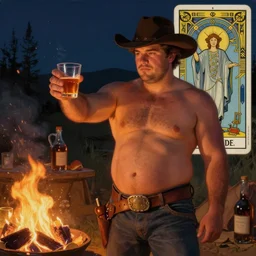 a dramatic, serene, ethereal campfire painting of a handsome thicc shirtless cowboy with a beer belly wearing a leather belt and hat offering you a drink | background is a late night with food and jugs of  whisky | tarot card, art deco, art nouveau, homoeroticism | by Mark Maggiori | trending on artstation