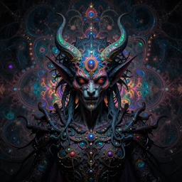 portrait of psychedelic demon in sinister ambience, in style of dark fantasy art, in style of Midjourney, stylized, detailed and intricate, mandelbulber fractal, elegant, ornate, horror, elite, ominous, haunting, beautiful digital painting, cinematic, cgsociety, H.R. Giger, Zdizslaw Beksinski, vivid chromatic colors and vibrant outlines