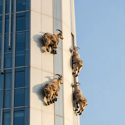 mountain goats climbing the side of a skyscraper, photo, golden hour, detailed, 4k
