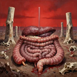 a landscape made of giant intestines and other organs, monoliths of bone, rivers of blood, under an oppressive red sky, edgar payne
