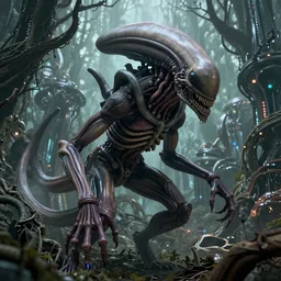 intricate xenomorph alien with visible organs and components inside, growing off a tree, on the background of a weird magical mechanical forest. Very detailed 8k. Fantasy cyberpunk horror. HR Geiger. Sharp. Cinematic post-processing