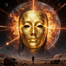 the portrait of bene gesserit in full - face golden glowing masks seeing the exploding of energy and death of planet by christopher doyle and alejandro jodorowsky, anamorphic lens, kodakchrome, cinematic composition, very detailed photo, 8 k,