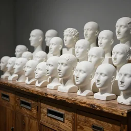 an huge collection of hundreds of white clay sculpted abstract and deformed heads in a rustic wooden letterbox, white matte porcelain, sculptures, museum display
