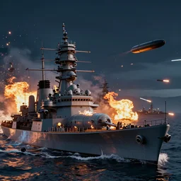a naval battle far away with battleships and torpedoes in the night with fire and bullet tracers flying, octane render, hyper-realistic, 8k, 4k, insanely detailed intricate, high detail, high definition, photorealistic,