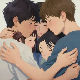 painting of 3 young people cuddling, romantic, group hug, highly detailed, close - up, smooth, stylized, realistic hands, vector line art, clean cel shaded vector art, by lois van baarle, ross tron, artgerm, helen huang, makoto shinkai, ilya kuvshinov, rossdraws