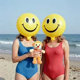 1969 twin women on tv show wearing an inflatable smiley mask with googly eyes, technicolor wearing a swimsuit at the beach 1969 color film 16mm holding a hand puppet Fellini John Waters Russ Meyer Doris Wishman
