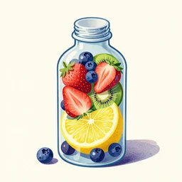 ( ( dither ) ), editorial illustration strawberries blueberries sliced kiwi sliced lemon inside a clear drinking bottle, isometric, modern art deco, ( ( mads berg ) ), christopher balaskas, victo ngai, rich grainy texture, detailed, dynamic composition, wide angle, matte print, art nouveau, unreal engine, victo ngai