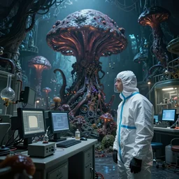 a man in a hazmat suit looks on helplessly as a huge alien fungus monster grows out of control in a creepy underground lab with science and computer equipment