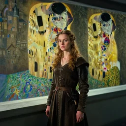 a woman in a medieval city, dragons, hyperrealistic film still by edward hopper, by gottfried helnwein, by klimt, by paolo uccello, by johfra bosschart, art nouveau, highly detailed, strong lights, liminal, eerie, symbolist, bright pastel colors