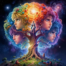 the tree of life, high resolution, cosmic colours, space 🌌 an ultrafine hyperdetailed illustration by kim jung gi, d nadar, detailed faces, intricate linework, bright colors, octopath traveler, final fantasy, unreal engine 5 highly rendered, global illumination, radiant light, detailed and intricate environment