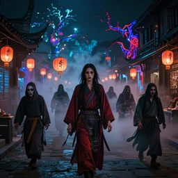 中 国 鬼 节, in the ghost city, evil spirits roam with lanterns, psychedelic lights and fog, zdzislaw, ayami kojima, yamamoto, barclay shaw, karol bak, hyperrealist, 8 k