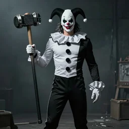 a tall man in a pierrot mask and monochrome clown out fit with long hair and a sledge hammer, character art, concept art, trending on art station, cinematic, cinematic atmosphere, cinematic lighting, hyperdetailed
