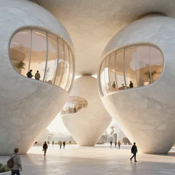 the inside of a stone marble sculpture monument by tim blandin and arthur haas and bruce pennington and john schoenherr, big pods, big windows architecture by zaha hadid, octane render, warm colour scheme, white, cinematic, scenery, cgsociety, modernism, futuristic, artstation, high detail, high quality, close up angle, people walking
