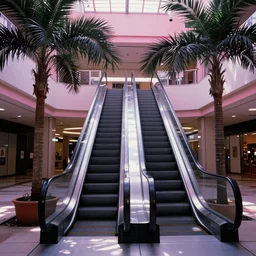 1980s magazine photo of an escalator inside an abandoned mall, with interior potted palm trees, decaying dappled sunlight, cool pinkish purple lighting