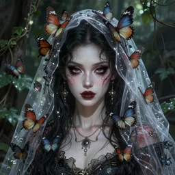 epic detailed portrait of beautiful cruel dark queen made of butterflies and translucent fabric. in the ivy garden. amazing eye lashes, foxy eyes. magic. necromancer. by greg rutkowski, digital painting, artstation, concept art, smooth, sharp foccus ilustration, artstation hq. intricate, elegant. art by wlop and artgerm and greg rutkowski and alphon