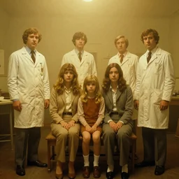 Low quality digital photo of a limbless family in the 70's, accompanied by men in lab coats, and with a mysterious yellow fog looming over the scene