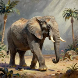 a space elephant, progressing in an oasis, fantasyland surreal, oil painting, by salvador dali