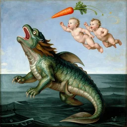 a holy sea monster god, mouth open, flying babies, flying carrots, renaissance painting