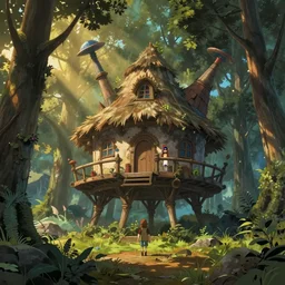 baba yaga's brutalist hut on long legs in a clearing in the forest, ghibli, pixar, mohrbacher, james jean, breath of the wild, golden hour, magical, cinematic, moebius