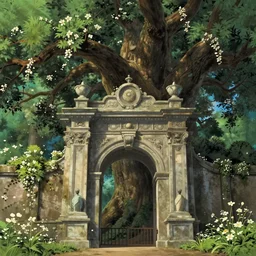prominent city gate growing out of a mighty oak forest surrounded by white flowers, beautiful architecture, statues, highly detailed carvings, atmosphere, dramatic lighting, epic composition, close up, low angle, ctane render, by miyazaki, nausicaa ghibli