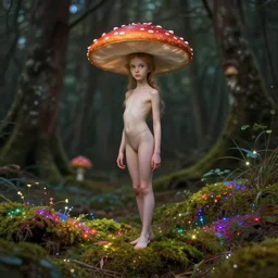Portrait of a thin girl in full height, elegant pose, a huge toadstool hat on her head, large eyes without a pupil ,he girl is standing on the edge of the forest, surrounded by colorful sparkling moss