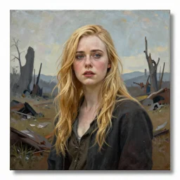 a stunning portrait painting of Elle Fanning in a post apocalyptic landscape