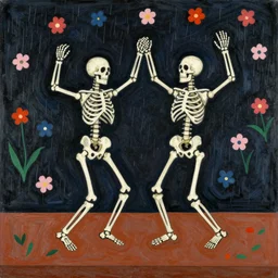 two dead skeletons dancing on stage while it rains flowers everywhere, Henri Matisse