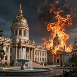 a neoclassical tower with dome on a fantasy city, next to a fountain and a mystical palace. by konstantin razumov, fractal flame, chiaroscuro, highly detailded