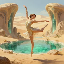 a full body portrait of a beautiful post apocalyptic offworld desert gymnast leaping in ballet dance pose by the emerald oasis pools, intricate, elegant, highly detailed, digital painting, artstation, concept art, smooth, sharp focus, illustration, art by krenz cushart and artem demura and alphonse mucha