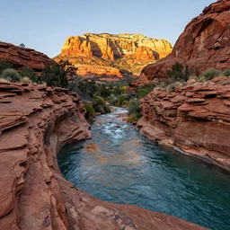 a swimming pool river flowing between majestic red rocks in Sedona Arizona, golden hour