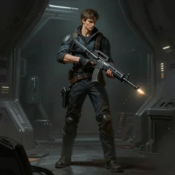 concept art by greg rutkowski, a very tall and slender young man, firing a futuristic assault rifle, futuristic, brutalist interior of a spaceship, depressing atmosphere, low lighting, scifi, highly detailed portrait, digital painting, artstation, concept art, smooth, sharp foccus ilustration, artstation hq