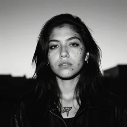 beautiful tragic young latino woman with gutterpunk poke and stick face tattoos at dusk, black & white, richard avedon, 5 0 mm, grainy, low light