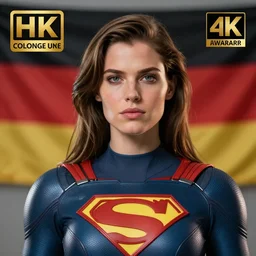 portrait of a futuristic superhero, cologne Germany behind her, hd, 4k realistic, award winning photo
