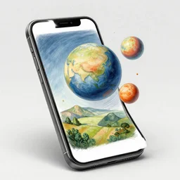 sketch of a phone in 4 d, a planet and his landscape popping out in 4 d in color, planet and landscape popping out of the screen, 3 d illusion, by maurits cornelis escher