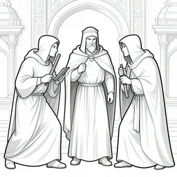 scratchy black and white line art illustration of three cloaked figures plotting a heist in a byzantine cafe, by grimshaw, pollock, johan nohr, ultra wide angle, trending on artstation, rule of thirds, 4 k