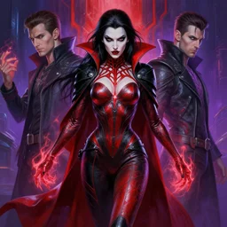 a ultradetailed painting vampire queen planes walker deep focus aleksi bricolt, donato giancola and nikolay makovsky red black purple hyperrealistic hyperdetailed symmetrical 8 k leather outfit energy hands long black hair spider tessellation magic the gathering art layout, futurism, vibrant colors zbrush sharp focus