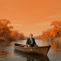 surreal art, portrait of rod serling on a boat, on a river, with tangerine colored trees and marmalade colored skies