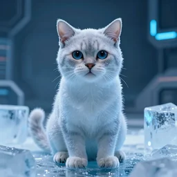 cryogenic frozen upright cat blue ice in futuristic scene macro realistic photography