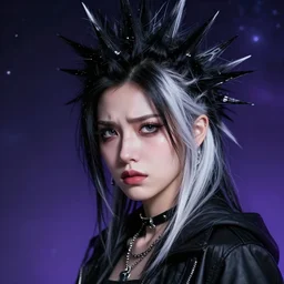 epic professional digital art of a young woman with black and white hair looking disgusted away from the camera, Punk, best on artstation, cgsociety, wlop, Behance, pixiv, cosmic, stunning, gorgeous, much detail, much wow, masterpiece