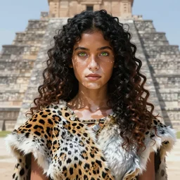 portrait of a beautiful young aztec girl with vitiligo, fluent jaguar fur cloths, different colored eyes, curly black and brown hairs, luminous scene, by greg rutkowski and alphonse mucha, d & d character, gradient white to silver, in front of a ziggurath, highly detailed portrait, digital painting, artstation, concept art, smooth, sharp focus ilustration, artstation hq