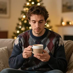 male sheep wearing an argyle merino sweater and holding hot cocoa, warm cozy living room scenery, bokeh, string lights, sylvain sarrailh, ismail inceoglu