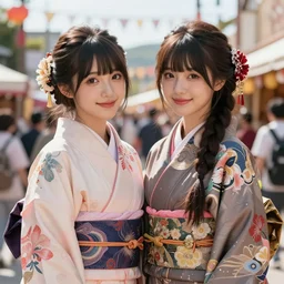 two beautiful fashion siberian girls wear fantasy kimono in festival | | big eyes, sunny, dreamlike art, realistic shaded, smile, good looking, hyper details, 4 k realistic, cryengine, realistic shaded lighting poster by artgerm, ross tran, fuji choko, loish, 8 k resolution, trending on artstation, luxury
