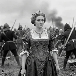 a potrait of queen of europe in the middle of bloody battlefield, taken in 1 8 7 0, black and white, photorealistic kodak