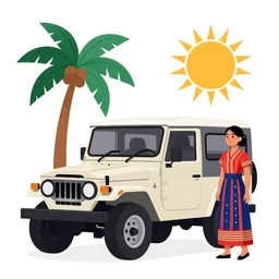 a jeepney, palm tree, philippine sun and filipino girl wearing traditional clothes, stylized vector art, white background, trending on artstation