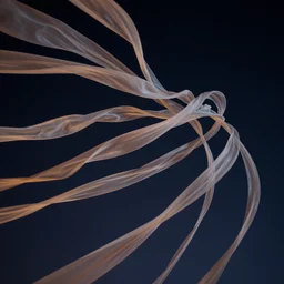twisted ribbons of amazing fabric unravel in strong winds across a dark night sky, unreal engine