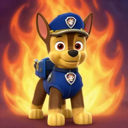 ryder ( paw patrol ) as evil dictator, background flames, by wayne barlowe
