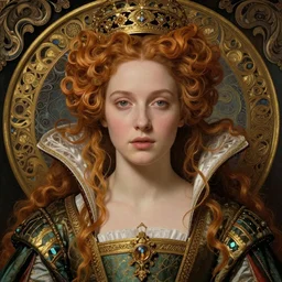 beautiful young medieval queen face portrait by magali villeneuve, iris van herpen, jean delville, james jean, visionary, symbolist, ornate garments, beautifully lit, art nouveau flowing hair