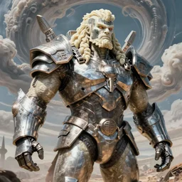 majestic, hulking albino clone with engineering diagram tattoos on forehead and rough features, angular steel aztec power armor, on battlefield with strange coiled, spiral clouds, 1 9 7 0 s science fiction concept art photograph by deak ferrand, alphonse mucha, greg rutkowski and carvaggio