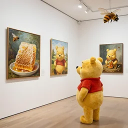winnie the pooh goes to an exhibition about honey, paintings of honey comb, sculptures of bees, white gallery, contemporary art, photorealistic